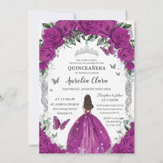 Quinceañera Fuchsia Rozen Bloemen Zilver Kaart (Voorkant)