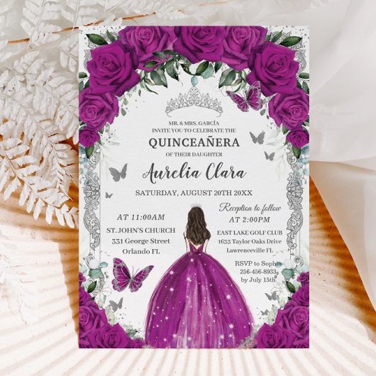 Quinceañera Fuchsia Rozen Bloemen  Zilver Kaart