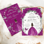 Quinceañera Fuchsia Rozen Bloemen  Zilver Kaart