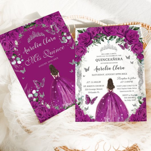 Quinceañera Fuchsia Rozen Bloemen  Zilver Kaart