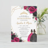 Quinceañera Fuchsia Zwart Bloemen Tweeling Goud Kaart (Staand voorkant)