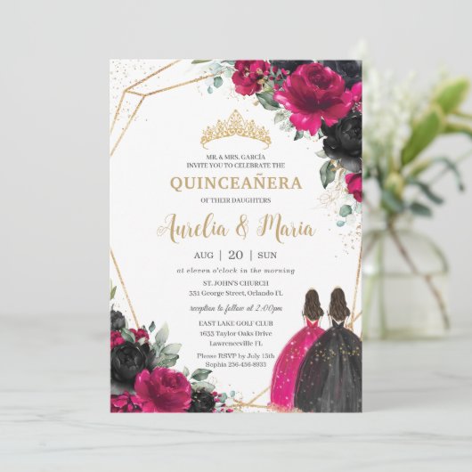 Quinceañera Fuchsia Zwart Bloemen Tweeling Goud Kaart (Staand voorkant)