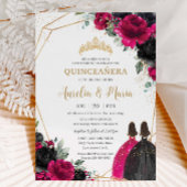 Quinceañera Fuchsia Zwart Bloemen Tweeling Goud Kaart