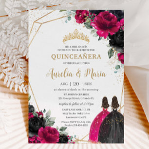 Quinceañera Fuchsia Zwart Bloemen Tweeling Goud Kaart