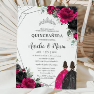 Quinceañera Fuchsia Zwart Bloemen Twins Zilver Kaart