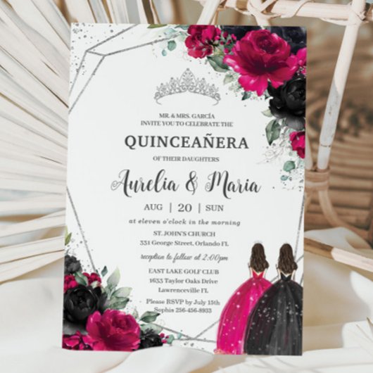 Quinceañera Fuchsia Zwart Bloemen Twins Zilver Kaart