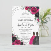 Quinceañera Fuchsia Zwart Bloemen Twins Zilver Kaart (Staand voorkant)