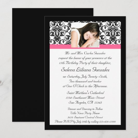 Quinceanera Fushcia Damask Roze en Zwart Kaart (Voorkant / Achterkant)
