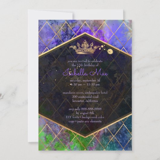 Quinceanera/Galaxy/Neon Paars/Princess/Kroon Kaart (Achterkant)