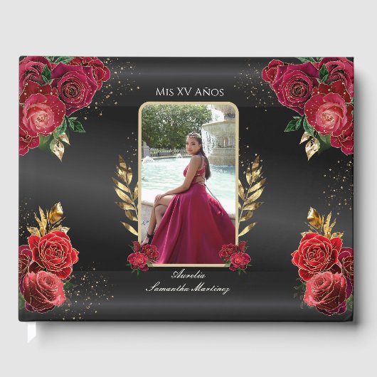 Quinceañera Gastenboek Rode Rozen Zwart Achtergron (Voorkant)