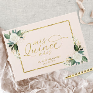 Quinceanera Gastenboek Roze Blush Goudfolie Bloeme