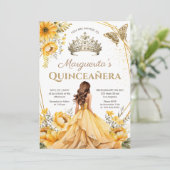Quinceañera Geel Bloemen Goud Tiara Prinses Kaart (Staand voorkant)