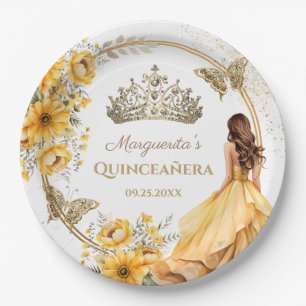 Quinceañera Geel Bloemen Goud Tiara Vlinder Papieren Bordje
