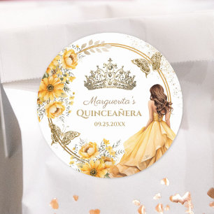 Quinceañera Geel Bloemen Goud Tiara Vlinder Ronde Sticker