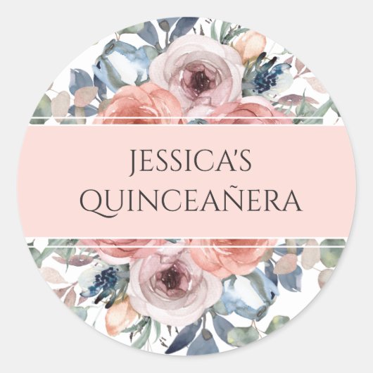 Quinceañera, Gelukkig Bloemstuk Envelope Zegel/Cad Ronde Sticker (Voorkant)