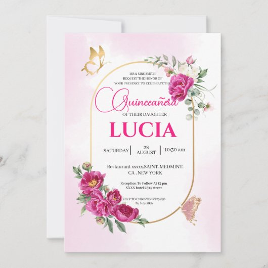 Quinceañera Geometrisch Roze Fuchsia Bloemengoud Kaart (Voorkant)