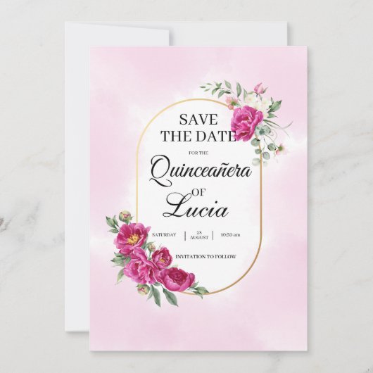 Quinceañera Geometrisch Roze Fuchsia Bloemengoud Save The Date (Voorkant)