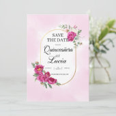 Quinceañera Geometrisch Roze Fuchsia Bloemengoud Save The Date (Staand voorkant)