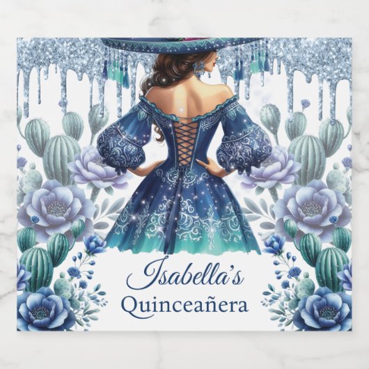 Quinceañera gepersonaliseerd mooi blauw sparkling wijnetiket (Enkel label)