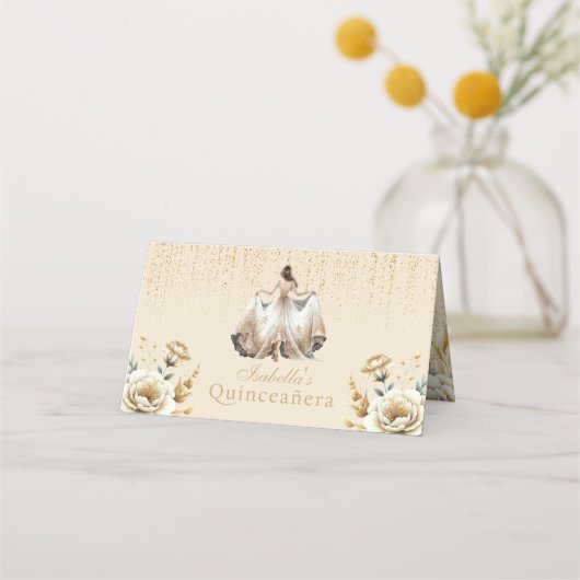 Quinceañera gepersonaliseerde luxe ivoor goud plaatskaartje (Achterkant)