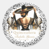 Quinceañera Gepersonaliseerde Luxe Zwart Goud Mexi Ronde Sticker (Voorkant)
