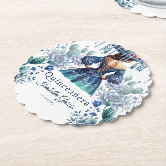 Quinceañera Gepersonaliseerde Waterverf Blauw Mexi Kartonnen Onderzetters (Gekanteld)