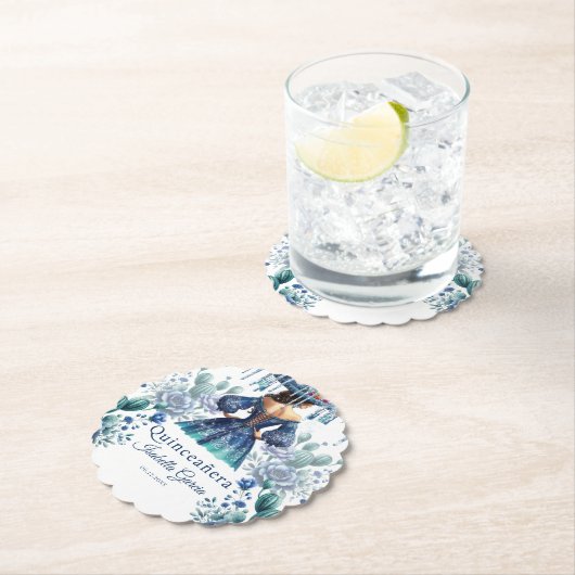 Quinceañera Gepersonaliseerde Waterverf Blauw Mexi Kartonnen Onderzetters (Insitu)