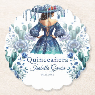 Quinceañera Gepersonaliseerde Waterverf Blauw Mexi Kartonnen Onderzetters