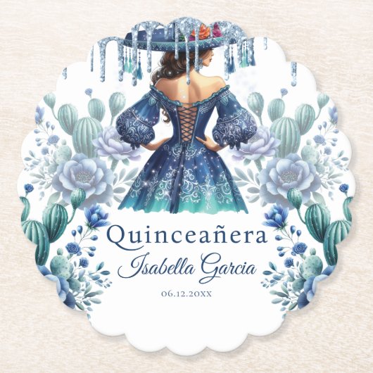 Quinceañera Gepersonaliseerde Waterverf Blauw Mexi Kartonnen Onderzetters (Voorkant)