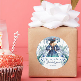 Quinceañera Gepersonaliseerde Waterverf Blauw Mexi Ronde Sticker