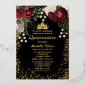 Quinceañera Glam Burgundy Roos Floral Birthday Folie Uitnodiging (Voorkant)