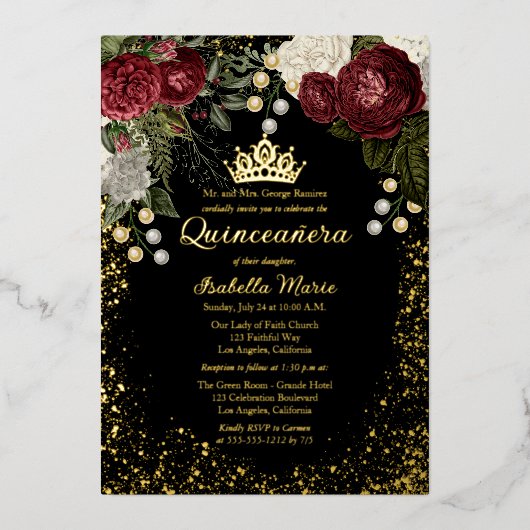 Quinceañera Glam Burgundy Roos Floral Birthday Folie Uitnodiging (Voorkant)
