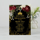 Quinceañera Glam Burgundy Roos Floral Birthday Folie Uitnodiging (Staand Voorkant)
