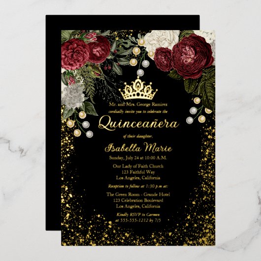 Quinceañera Glam Burgundy Roos Floral Birthday Folie Uitnodiging (Voorkant / Achterkant)