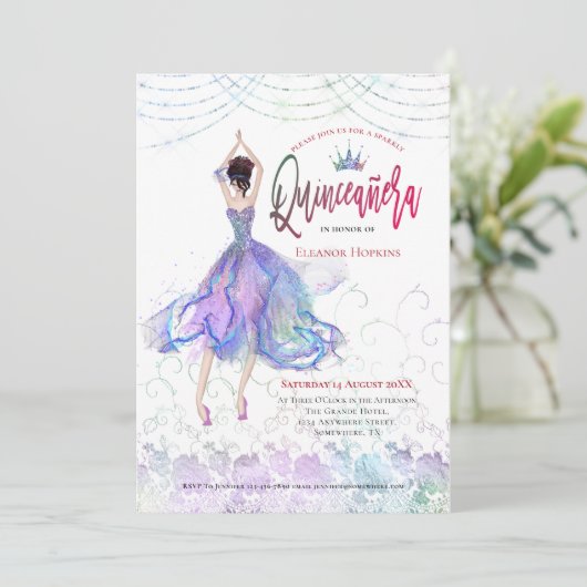 Quinceanera Glam Lila Blue Dancer String Lights Kaart (Staand voorkant)