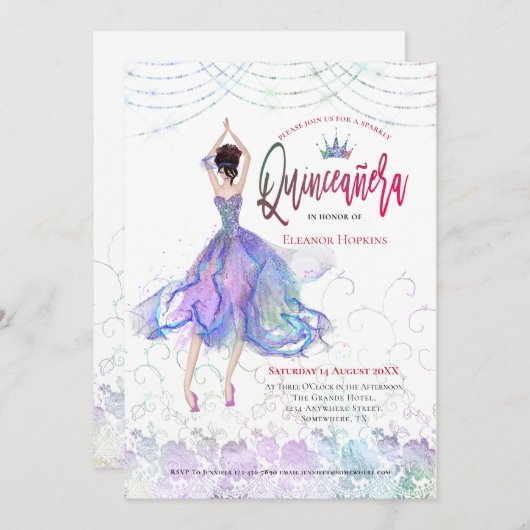 Quinceanera Glam Lila Blue Dancer String Lights Kaart (Voorkant / Achterkant)