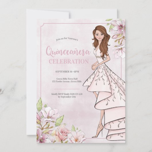 Quinceañera Glamor Girl Birthday Invitation Kaart (Voorkant)