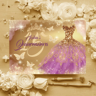 Quinceanera Glans Goud Paarse Jurk Kaart