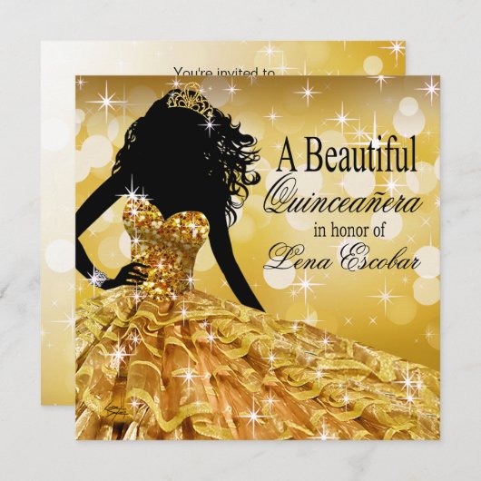 Quinceanera Glitter Ball Gown | goud Kaart (Voorkant / Achterkant)