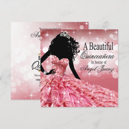 Quinceanera Glitter Ball Gown | roze Kaart (Voorkant / Achterkant)