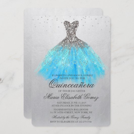 Quinceanera Glitter Dress Diamond Uitnodiging (Voorkant / Achterkant)