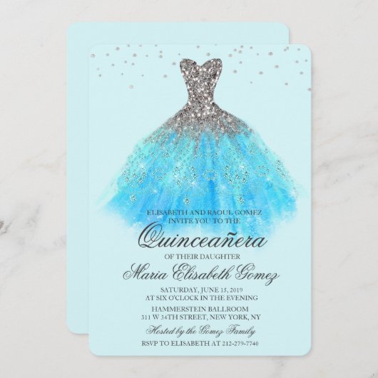 Quinceanera Glitter Dress Diamond Uitnodiging (Voorkant / Achterkant)