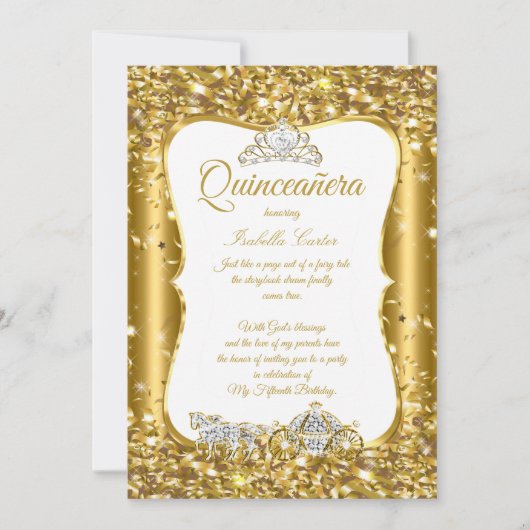 Quinceanera Glitter Fairytale Gold Carriage Party Kaart (Voorkant)