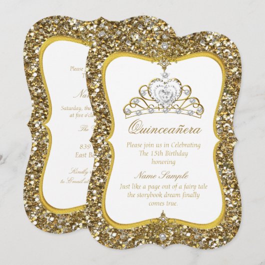 Quinceanera Glitter Gold White Pearl Tiara Invite Kaart (Voorkant / Achterkant)