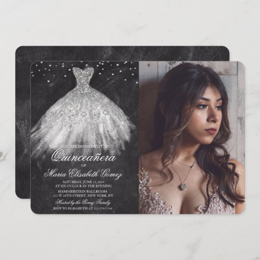 Quinceanera Glitter Jurk Diamond Chalk Uitnodiging (Voorkant / Achterkant)