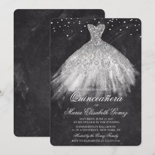 Quinceanera Glitter Jurk Diamond Chalk Uitnodiging (Voorkant / Achterkant)