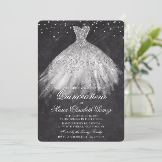 Quinceanera Glitter Jurk Diamond Chalk Uitnodiging (Staand voorkant)