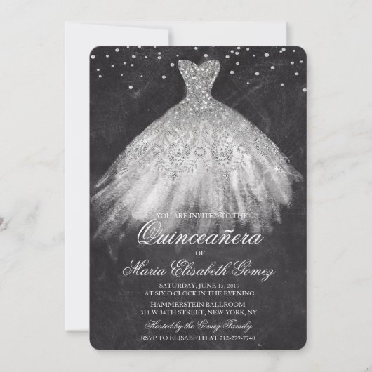 Quinceanera Glitter Jurk Diamond Chalk Uitnodiging (Voorkant)