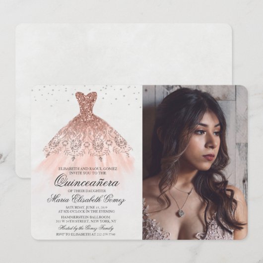 Quinceanera Glitter Jurk Diamond Foto Uitnodiging (Voorkant / Achterkant)