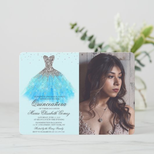 Quinceanera Glitter Jurk Diamond Foto Uitnodiging (Staand voorkant)
